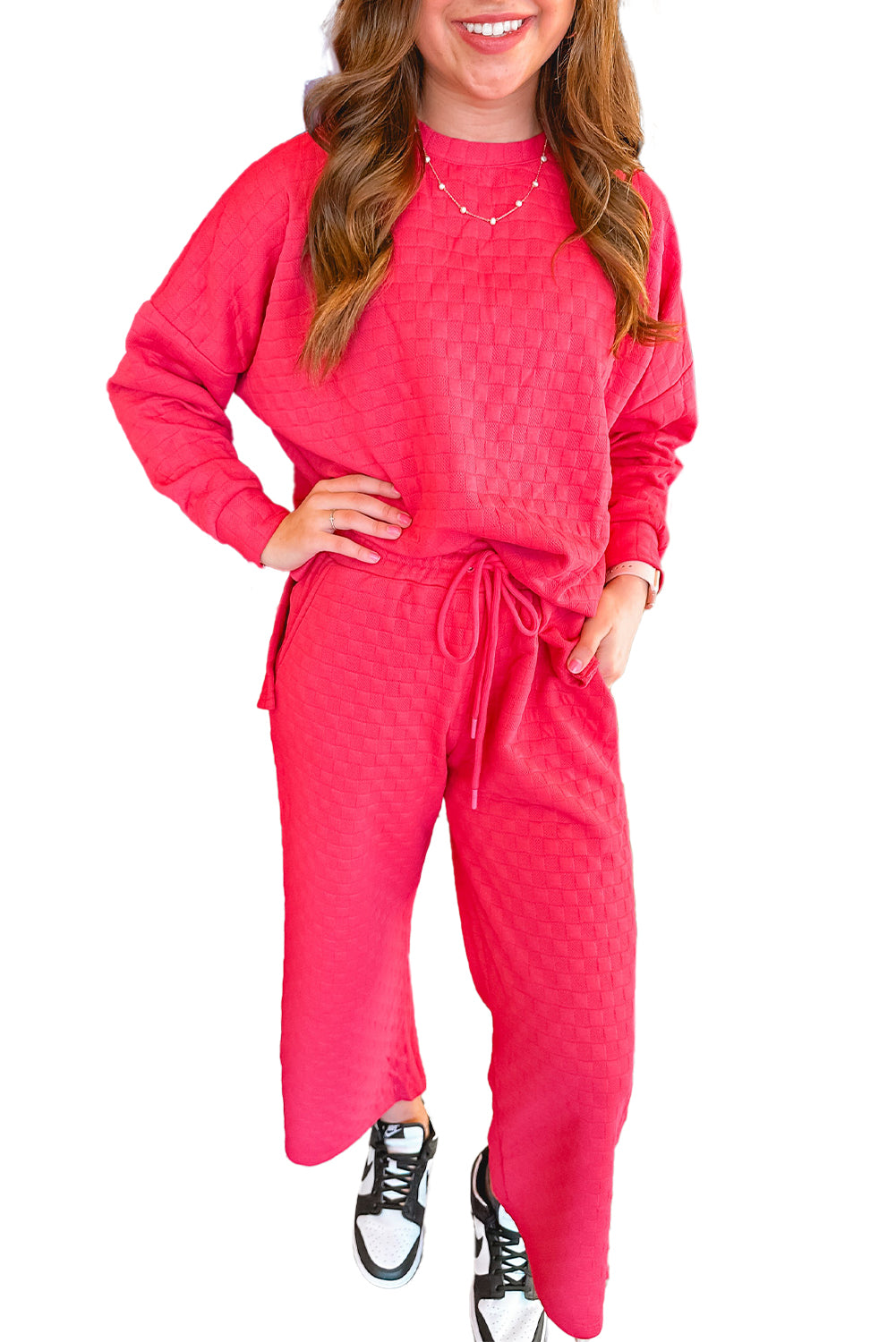 Checkered Textured Split Pullover Top and Pants Set (online only)