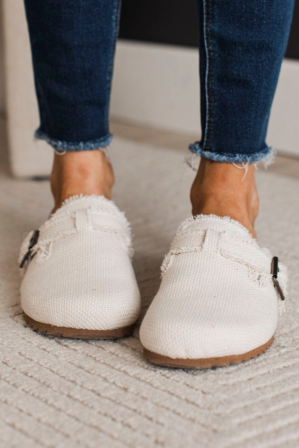 Woven Linen Distressed Buckle Slippers (online only)