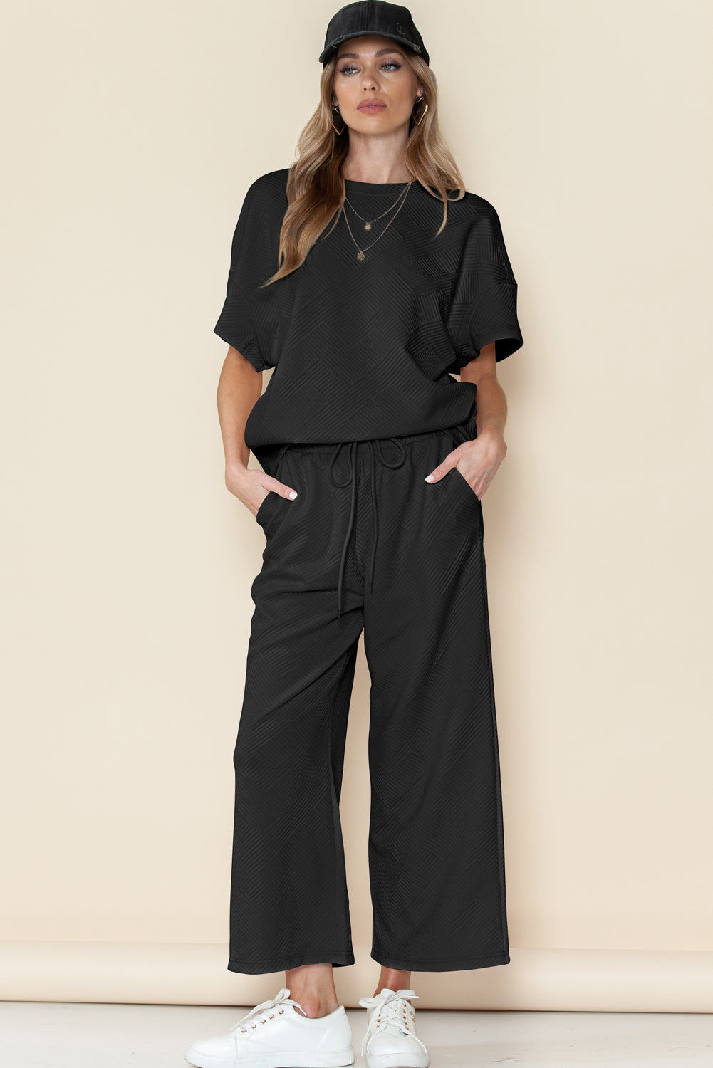 Textured Loose Fit T Shirt & Drawstring Pants Set (Online only)