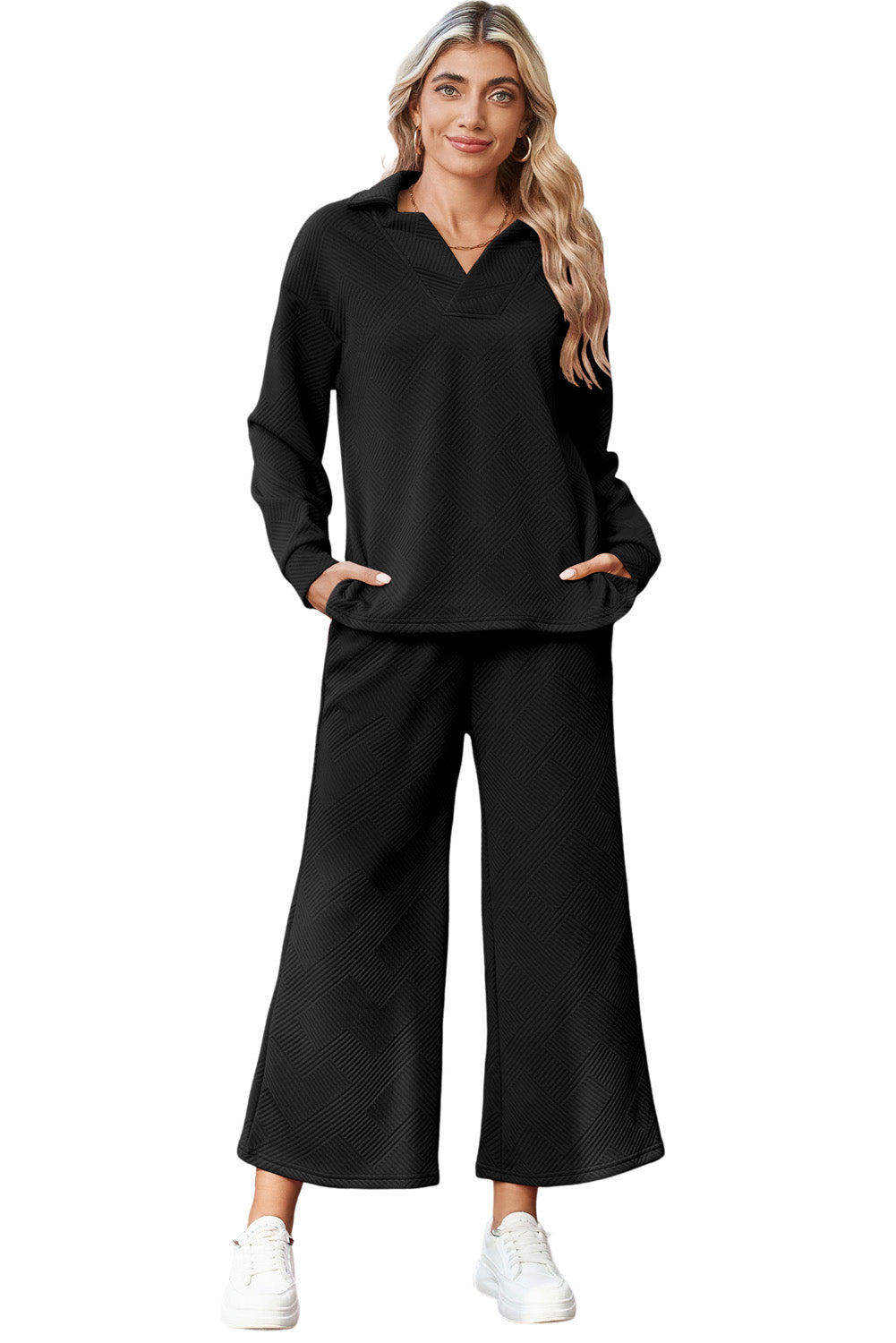 Bonbon Solid Textured Top and Wide Leg Pants Set (online only)