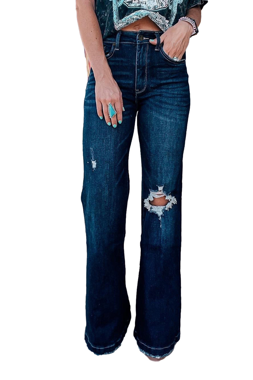 High Rise Ripped Bell Bottom Jeans (online only)