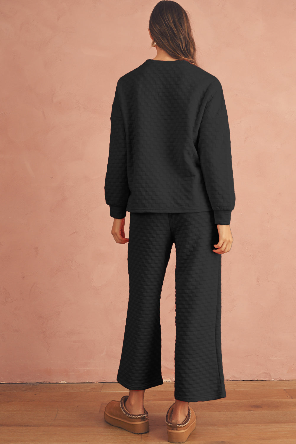 Checkered Textured Split Pullover Top and Pants Set (online only)