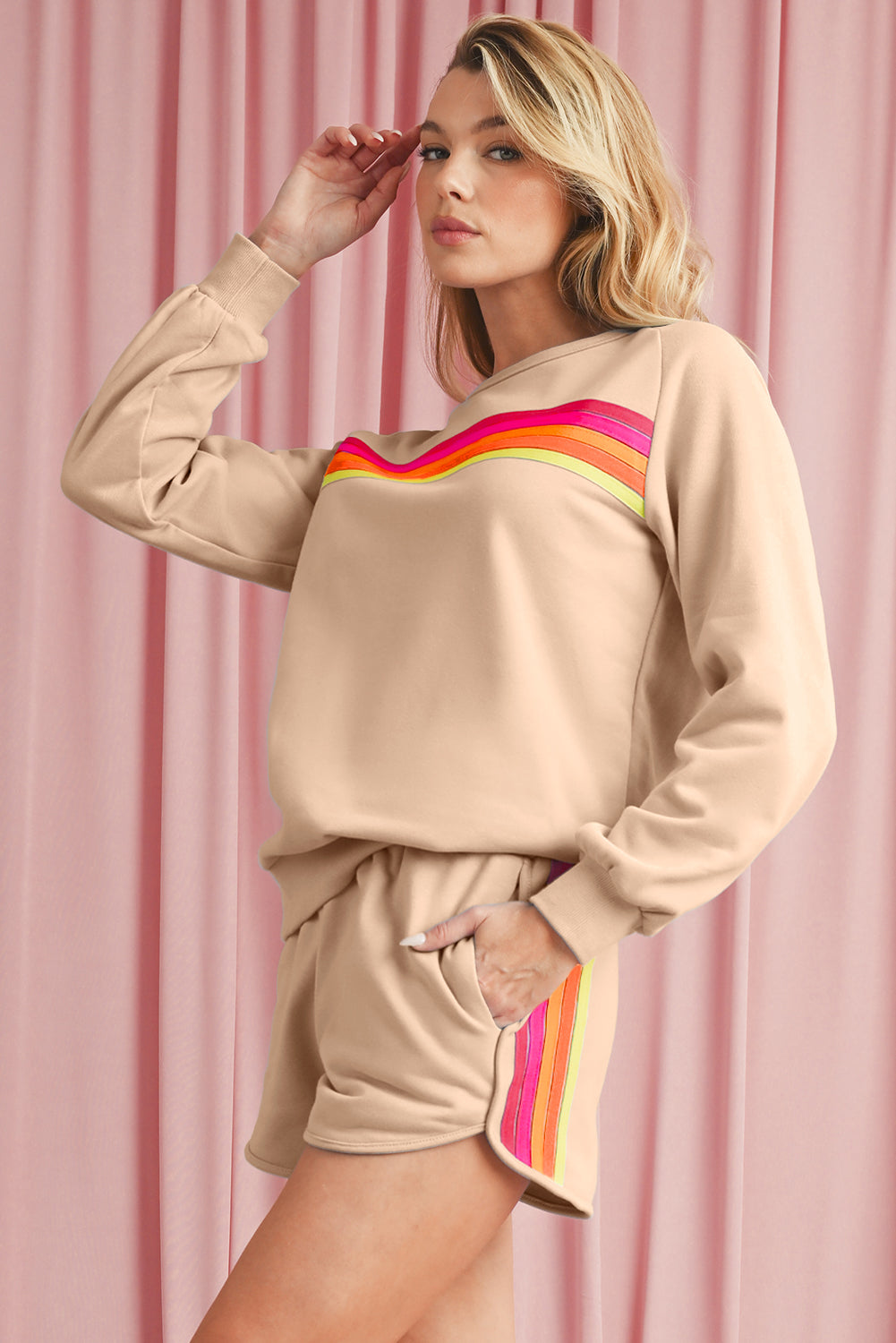 Colorful Striped Long Sleeve Pullover and Shorts Set (online only)