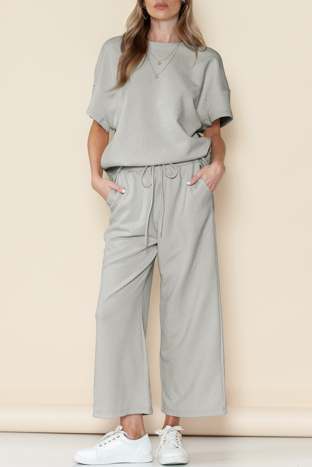 Textured Loose Fit T Shirt & Drawstring Pants Set (Online only)