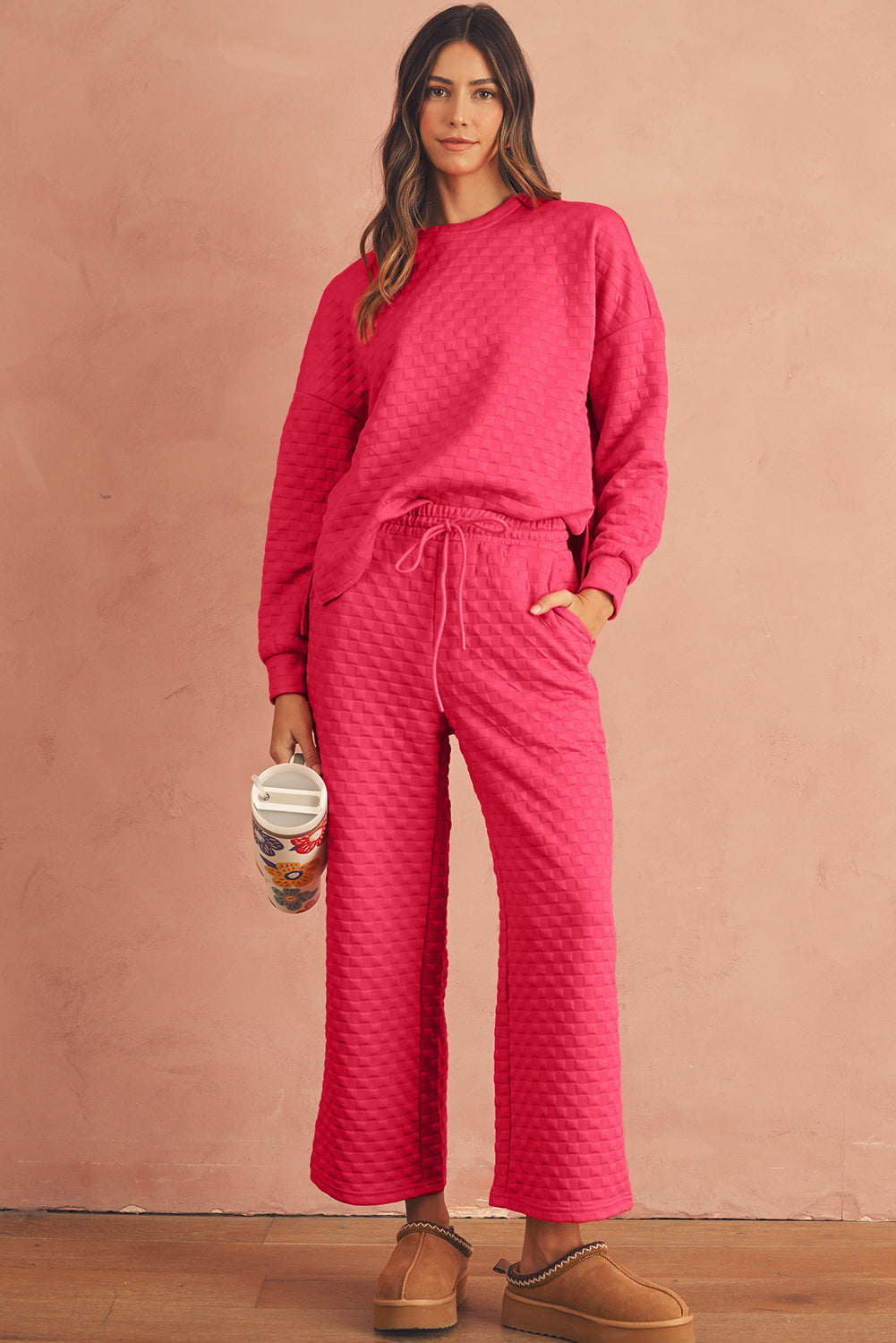 Checkered Textured Split Pullover Top and Pants Set (online only)