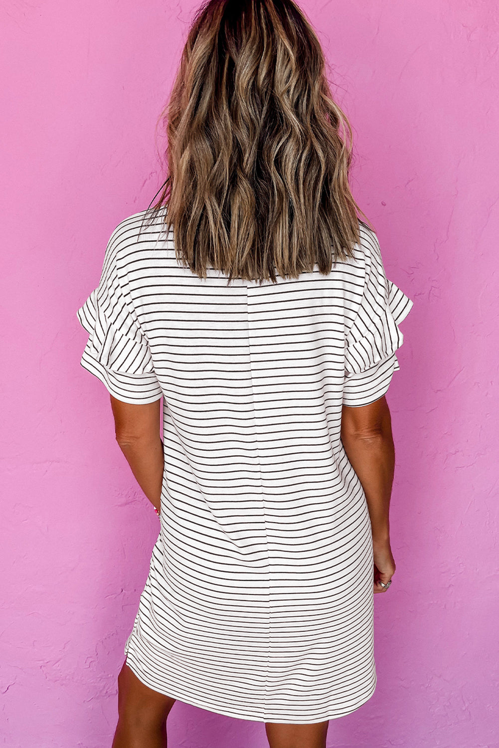 White Stripe Ruffle Short Sleeve T Shirt Mini Dress (online only)