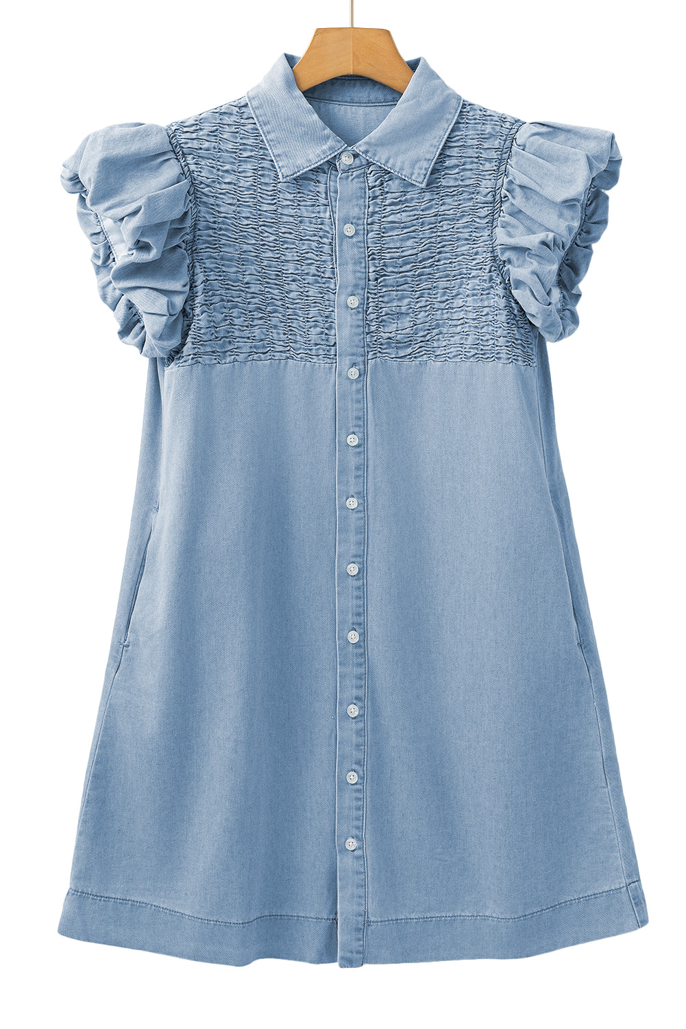 Flutter Sleeve Button Up Denim Mini Dress (online only)