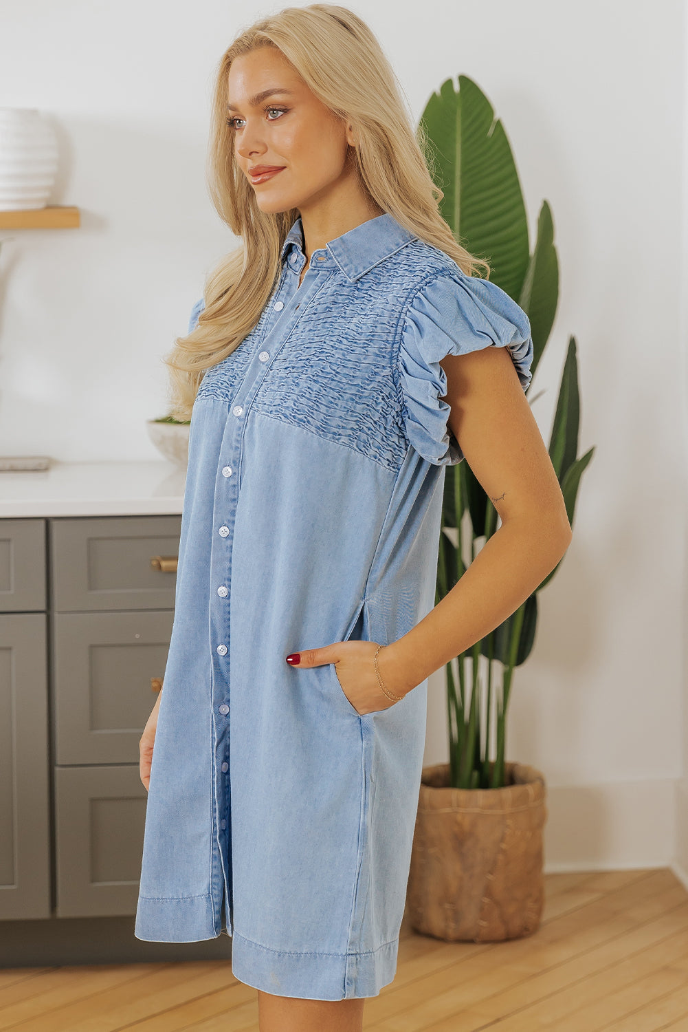 Flutter Sleeve Button Up Denim Mini Dress (online only)