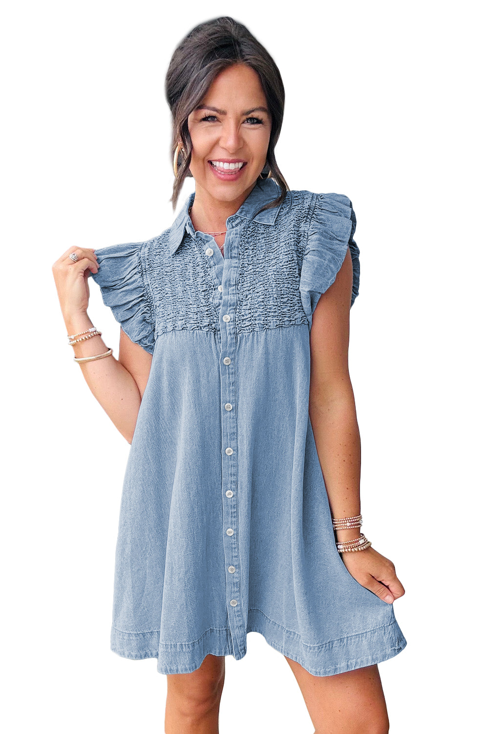 Flutter Sleeve Button Up Denim Mini Dress (online only)