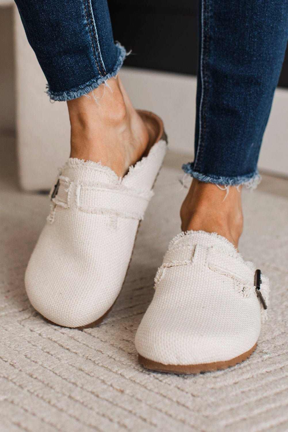 Woven Linen Distressed Buckle Slippers (online only)