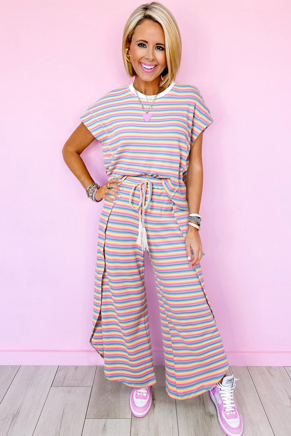 Tee and Tassel Drawstring Wide Leg Pants Set (online only)