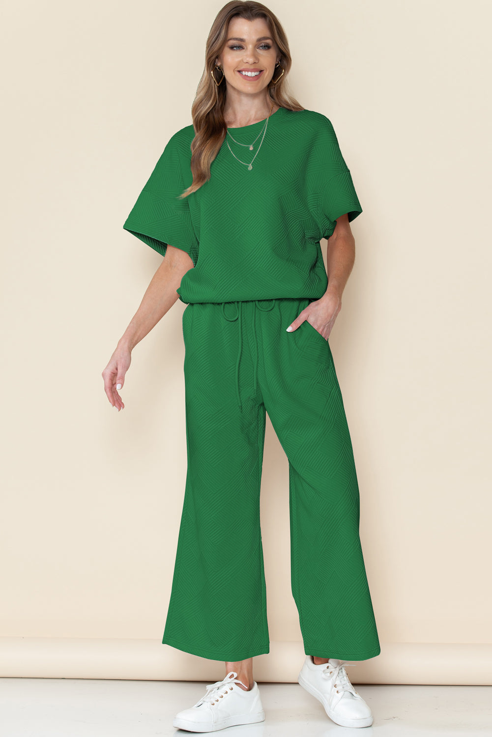 Textured Loose Fit T Shirt & Drawstring Pants Set (Online only)