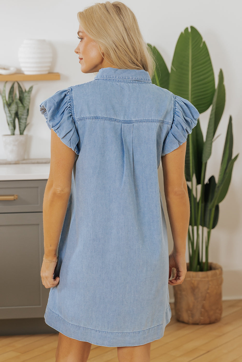 Flutter Sleeve Button Up Denim Mini Dress (online only)