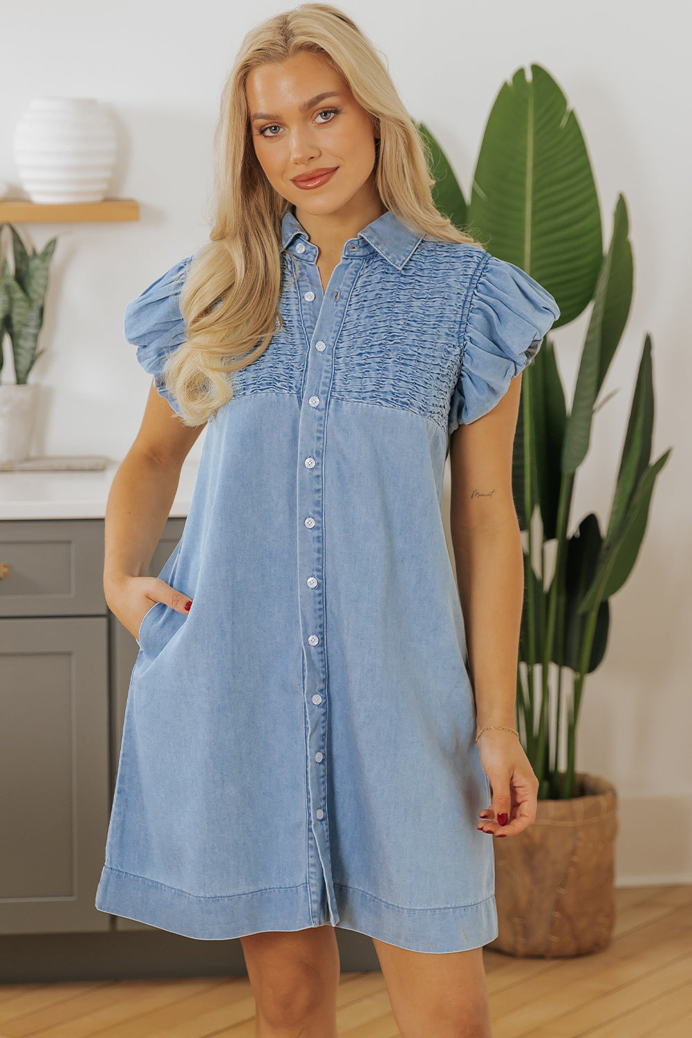 Flutter Sleeve Button Up Denim Mini Dress (online only)