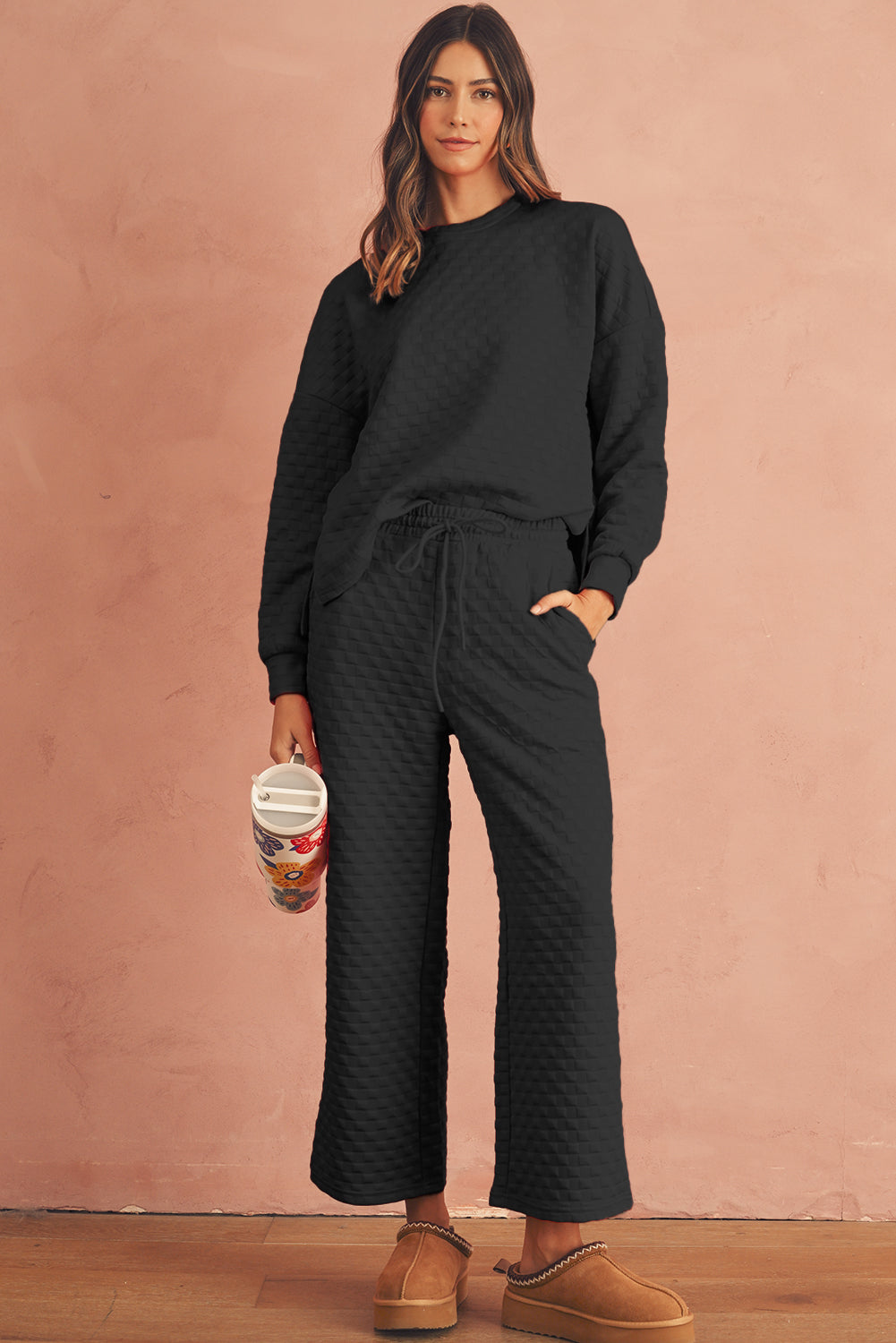 Checkered Textured Split Pullover Top and Pants Set (online only)