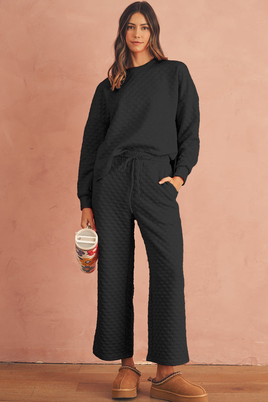 Checkered Textured Split Pullover Top and Pants Set (online only)