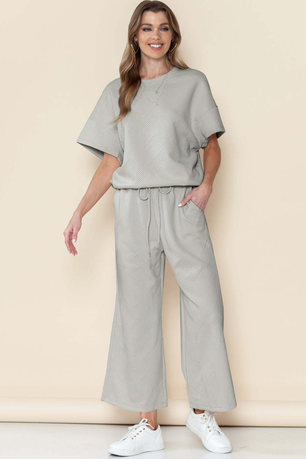 Textured Loose Fit T Shirt & Drawstring Pants Set (Online only)