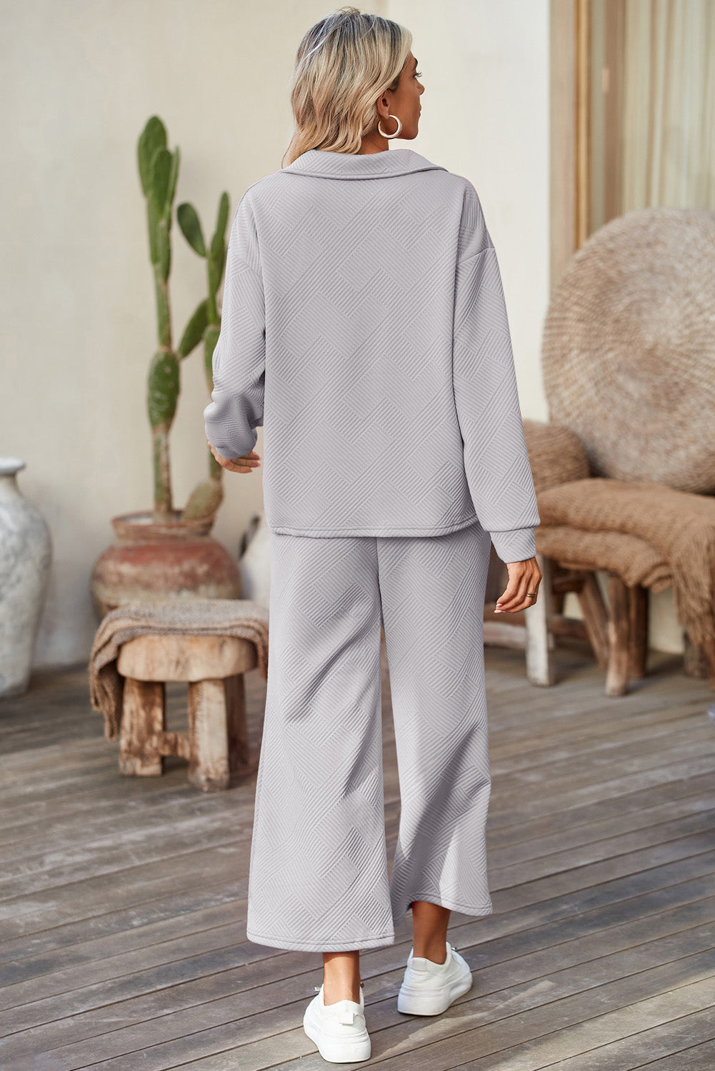 Bonbon Solid Textured Top and Wide Leg Pants Set (online only)