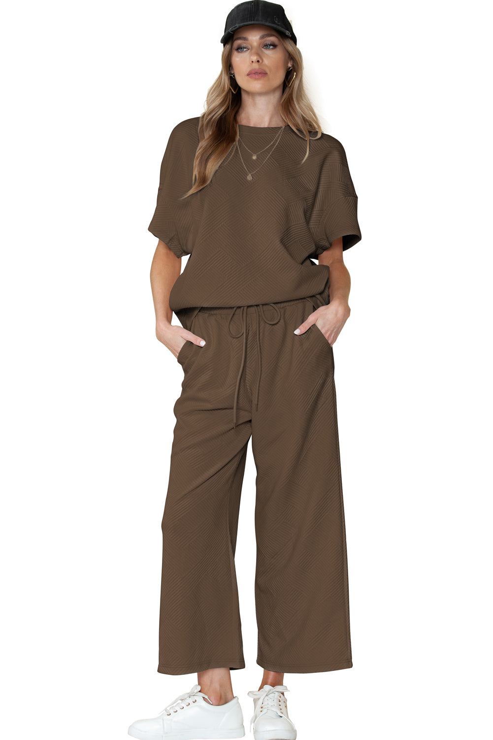 Textured Loose Fit T Shirt & Drawstring Pants Set (Online only)