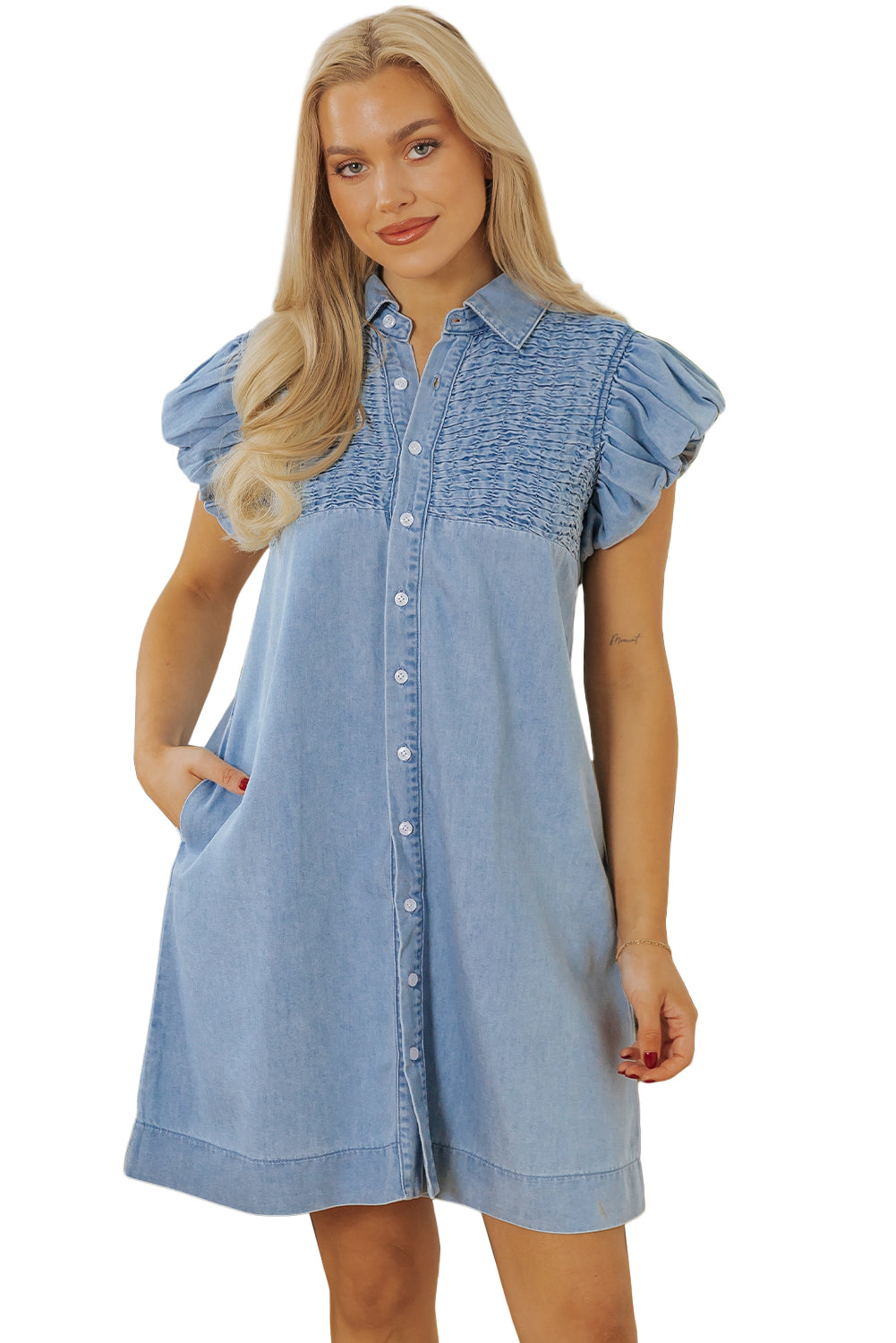 Flutter Sleeve Button Up Denim Mini Dress (online only)