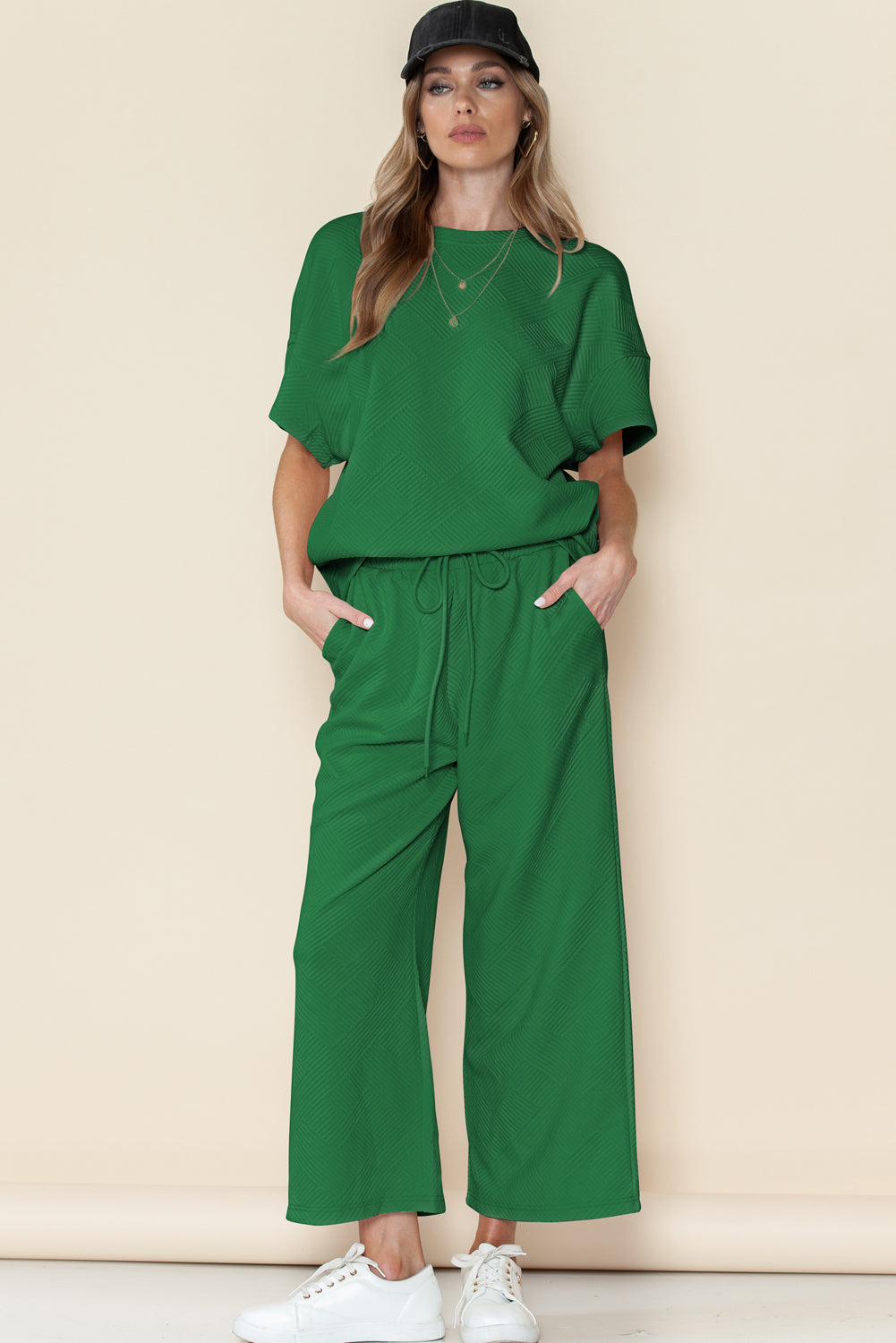 Textured Loose Fit T Shirt & Drawstring Pants Set (Online only)