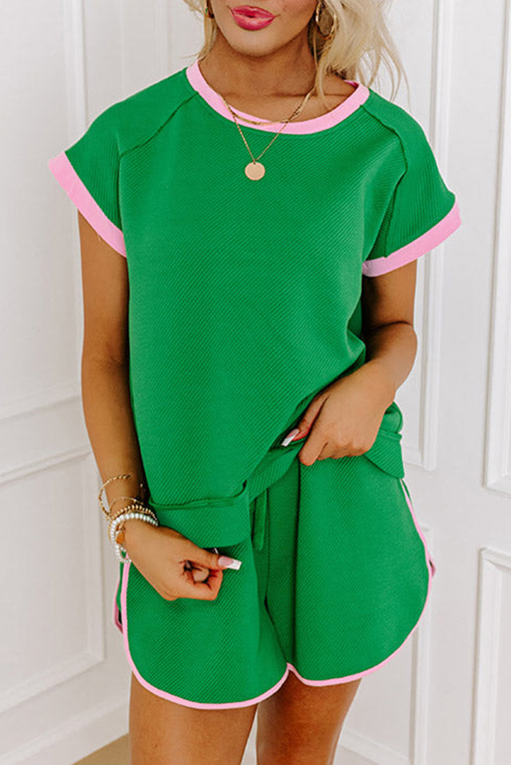 Bright Green Two Tone Textured Tee and Shorts Set (online only)