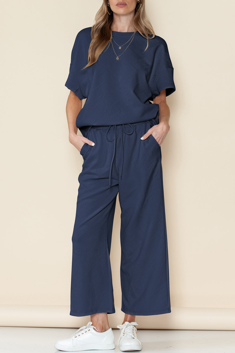 Textured Loose Fit T Shirt & Drawstring Pants Set (Online only)