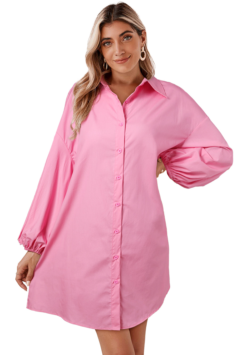 Bright Pink Plain Bishop Sleeve Button Up Shirt Dress (online only)