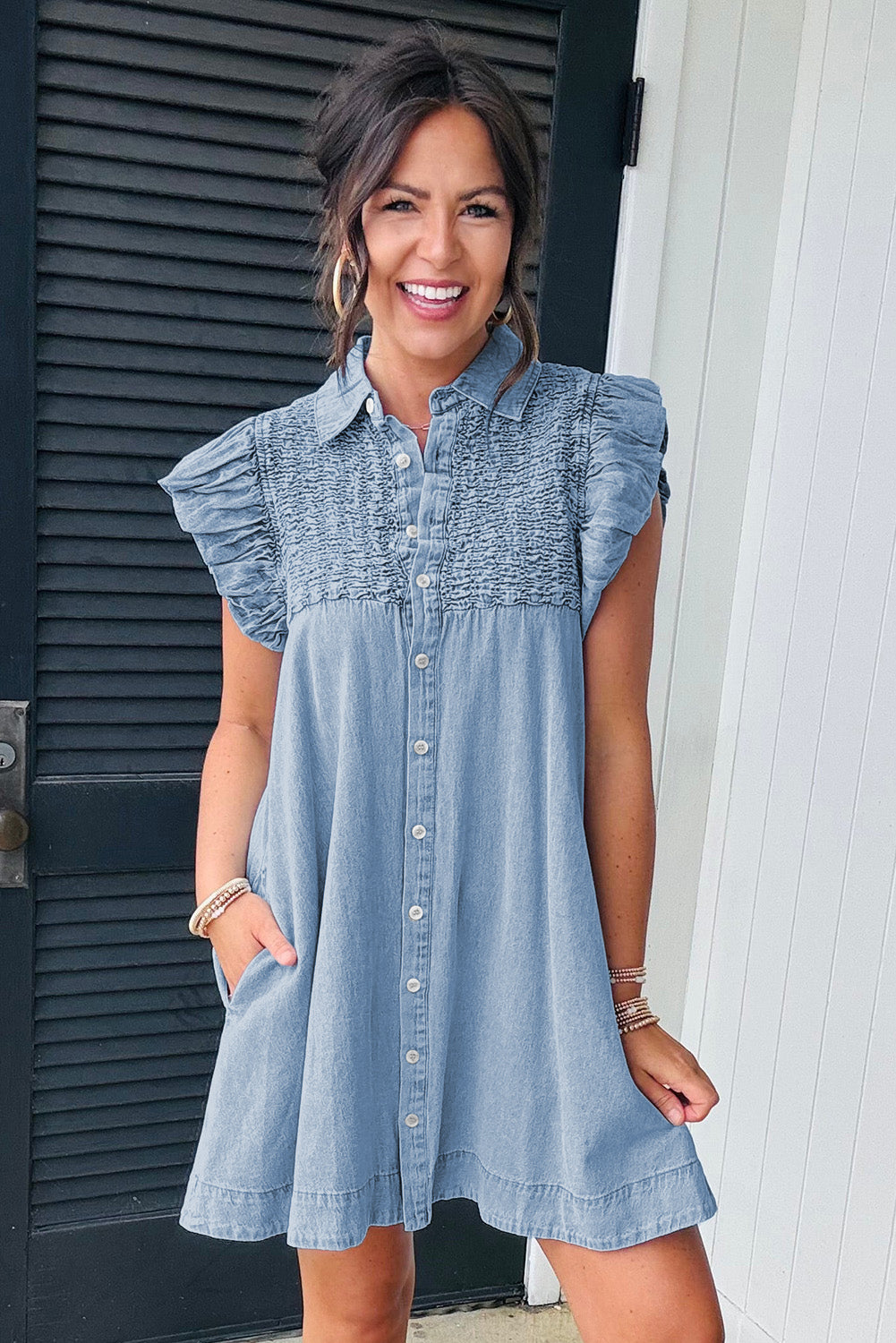 Flutter Sleeve Button Up Denim Mini Dress (online only)