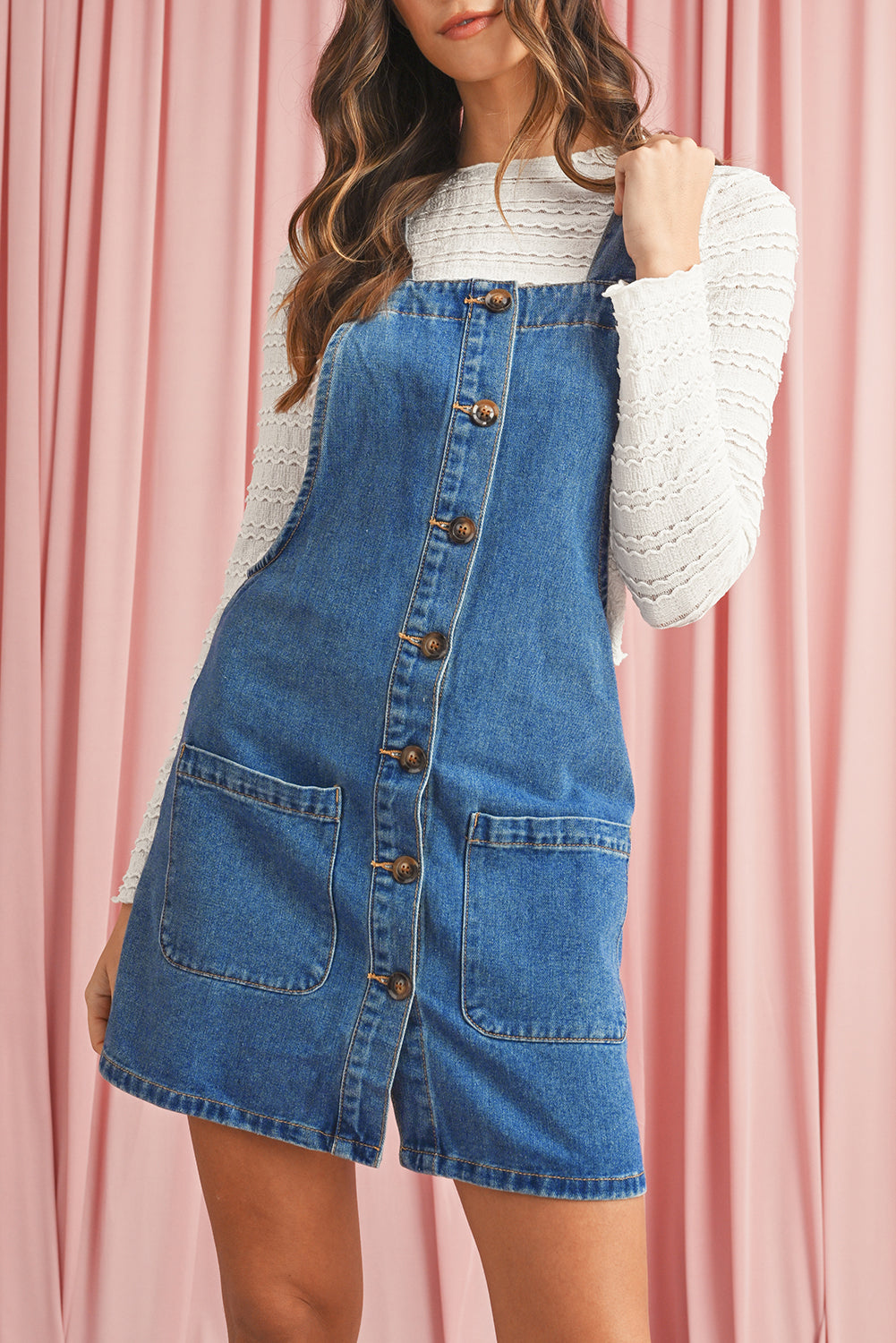 Grey Wide Strap Button Denim Dress (online only)