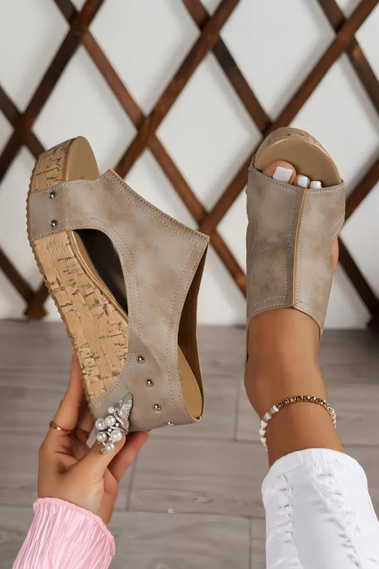 Hollow Studded Leather Wedge Sandals (online only)