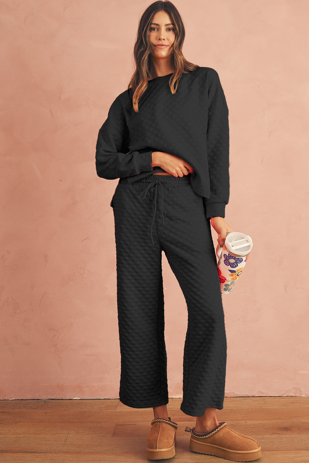 Checkered Textured Split Pullover Top and Pants Set (online only)