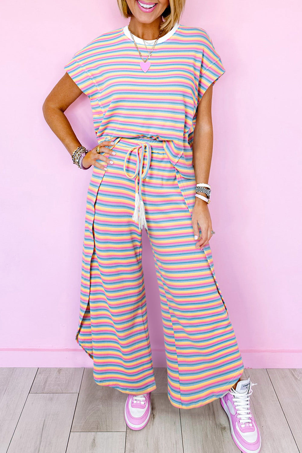 Tee and Tassel Drawstring Wide Leg Pants Set (online only)