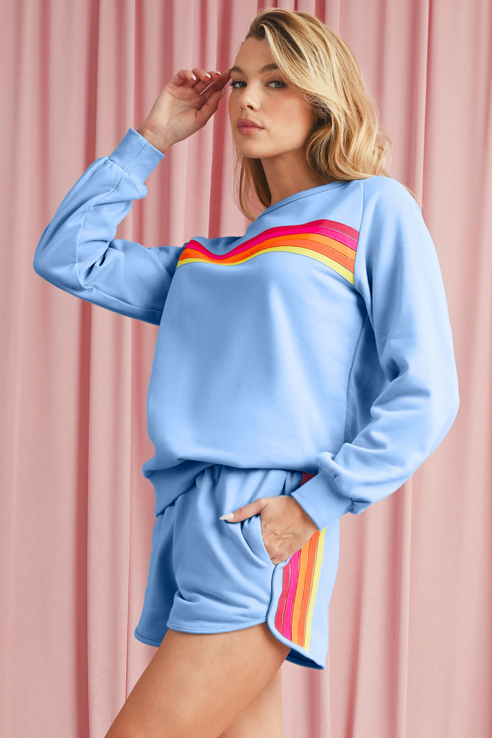 Colorful Striped Long Sleeve Pullover and Shorts Set (online only)