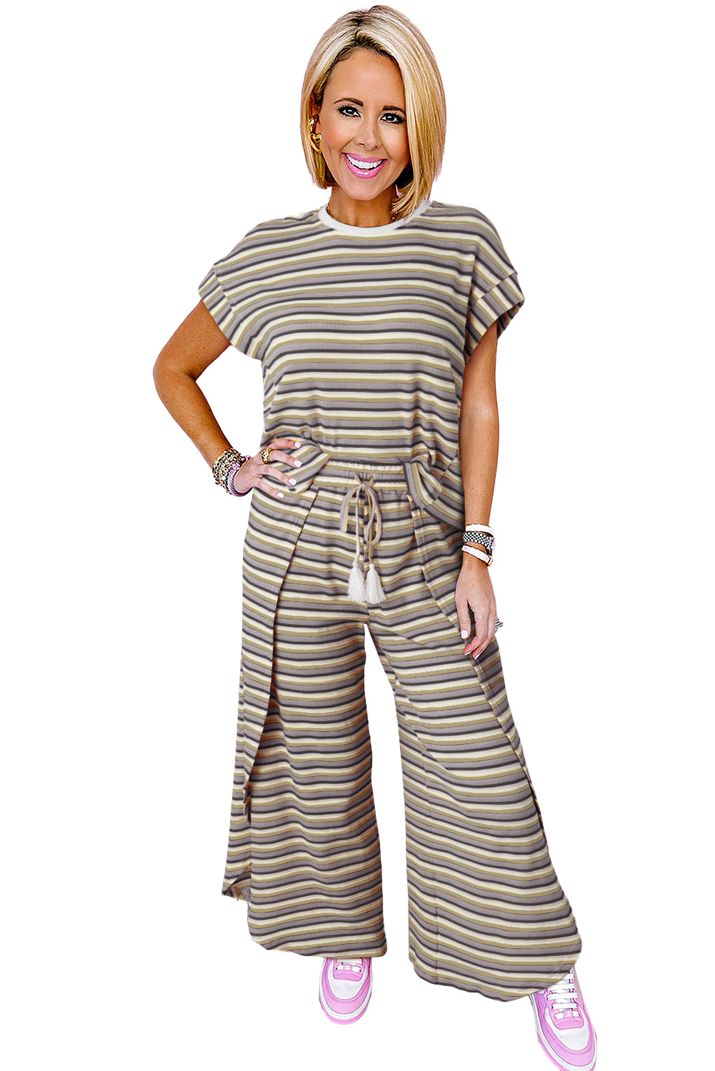 Tee and Tassel Drawstring Wide Leg Pants Set (online only)