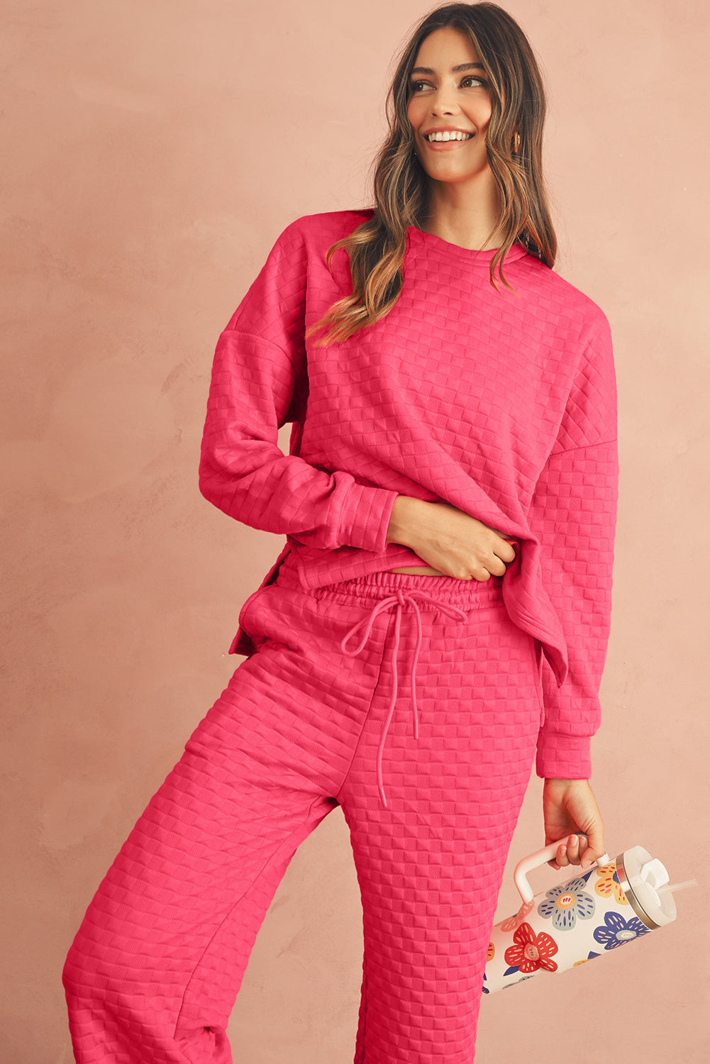 Checkered Textured Split Pullover Top and Pants Set (online only)