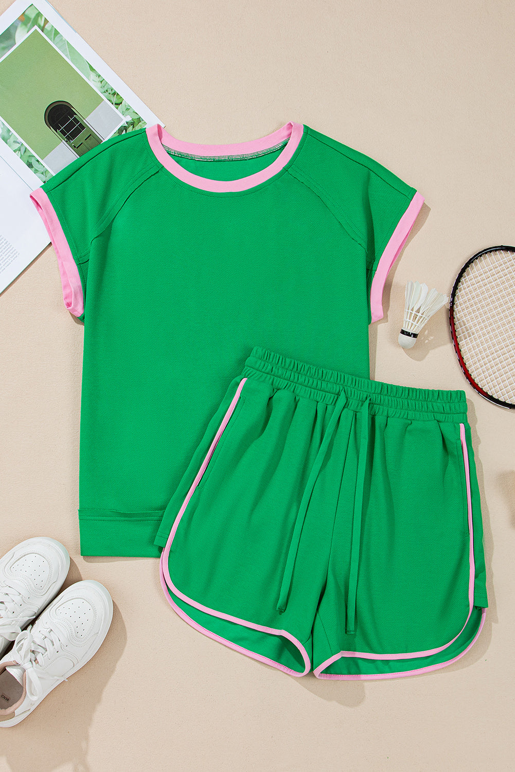 Bright Green Two Tone Textured Tee and Shorts Set (online only)