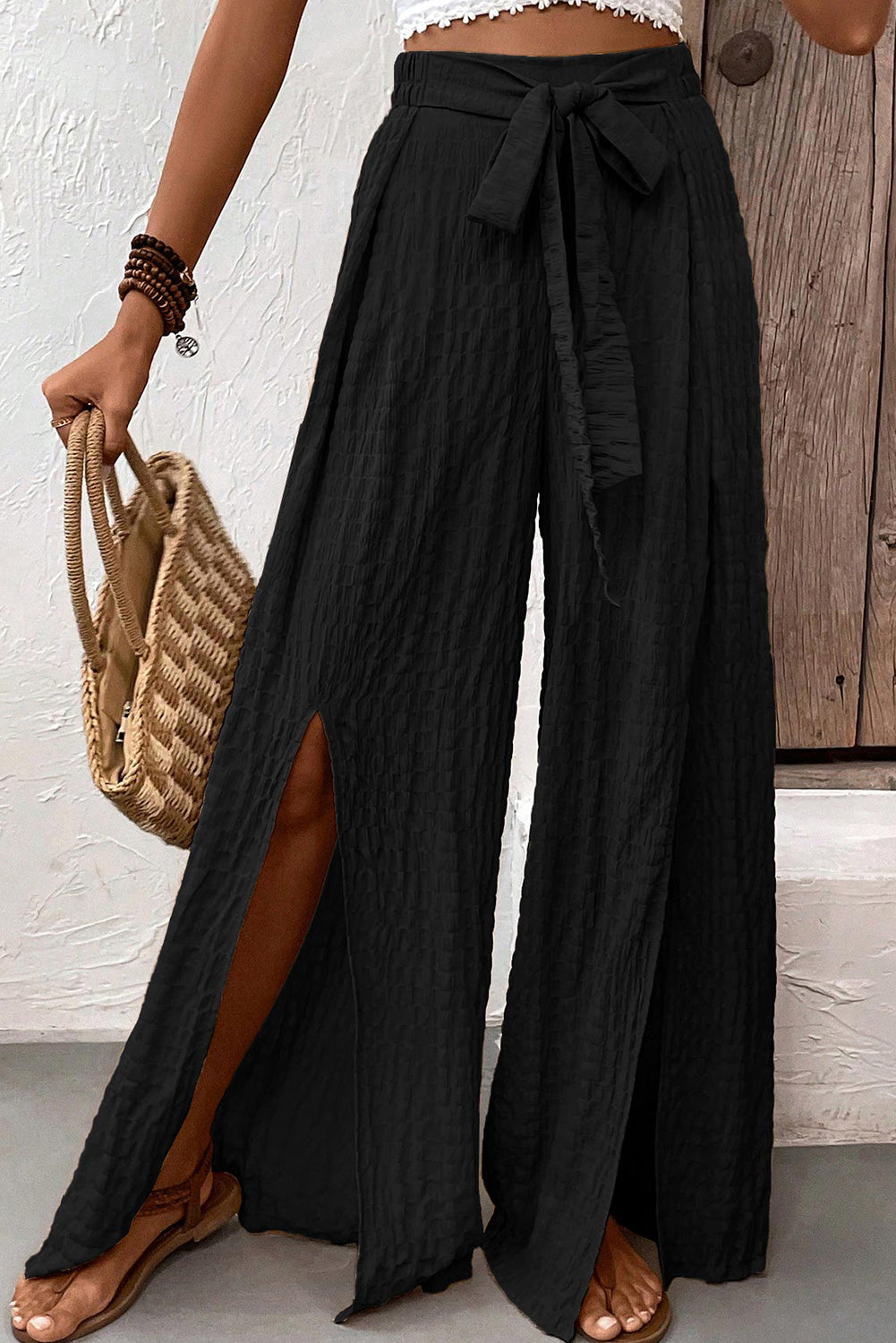 Texture Knot Waist Slits Flared Pants (online only)