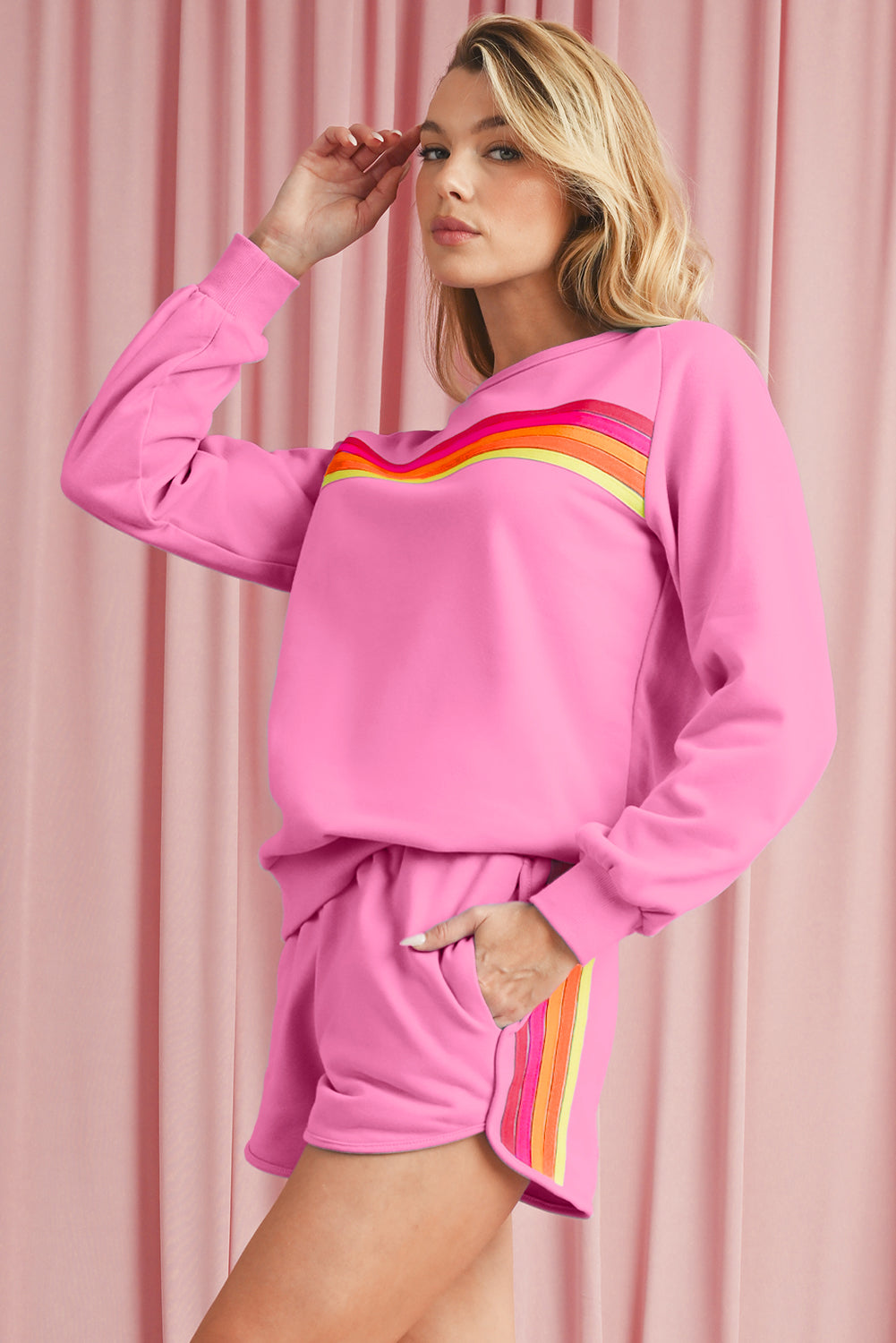 Colorful Striped Long Sleeve Pullover and Shorts Set (online only)