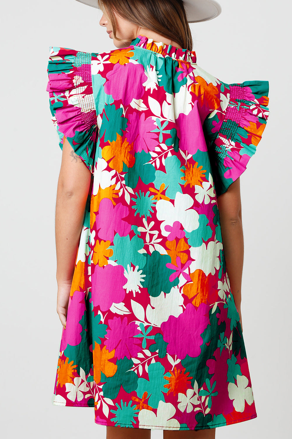 Multicolour Floral Split Neck Flutter Sleeve mini Dress (online only)