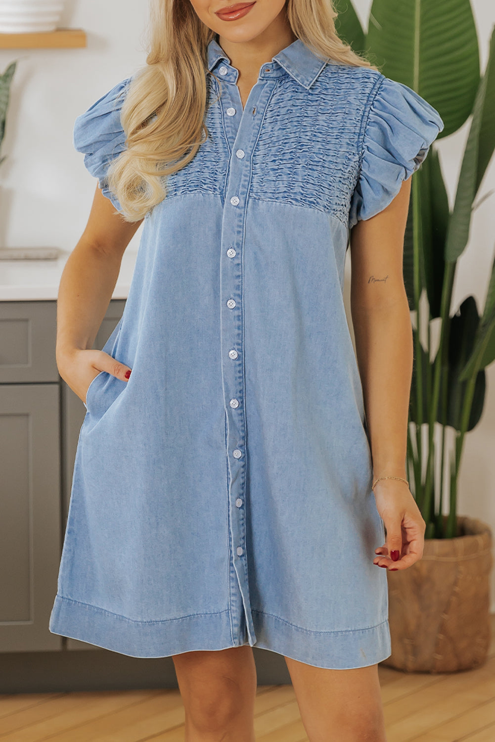 Flutter Sleeve Button Up Denim Mini Dress (online only)