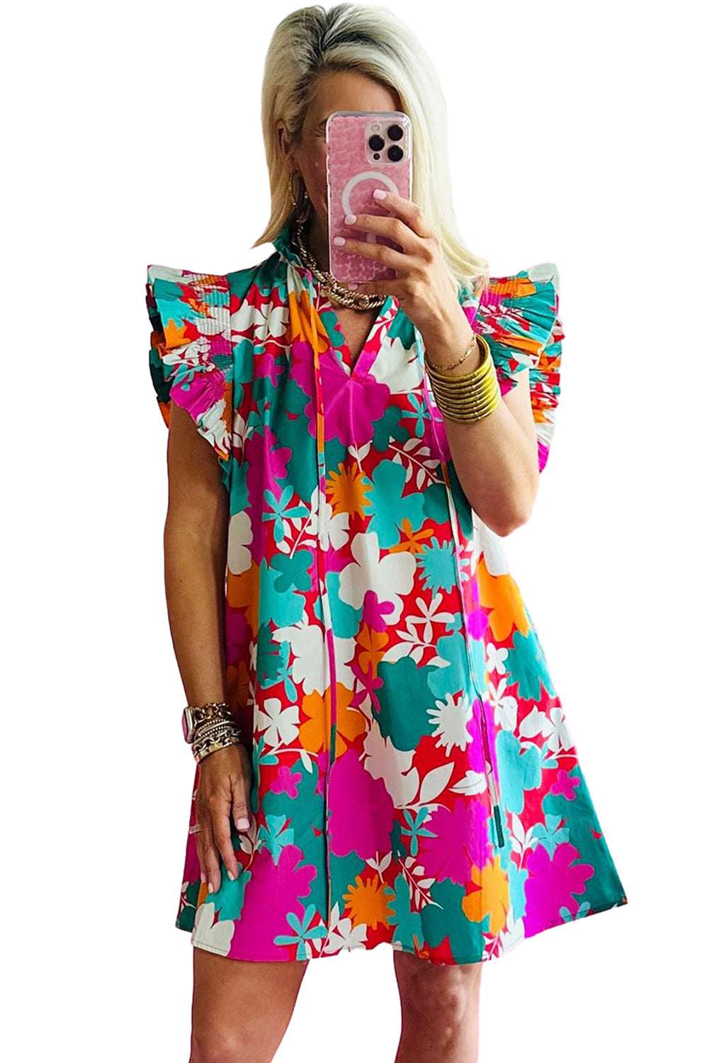 Multicolour Floral Split Neck Flutter Sleeve mini Dress (online only)