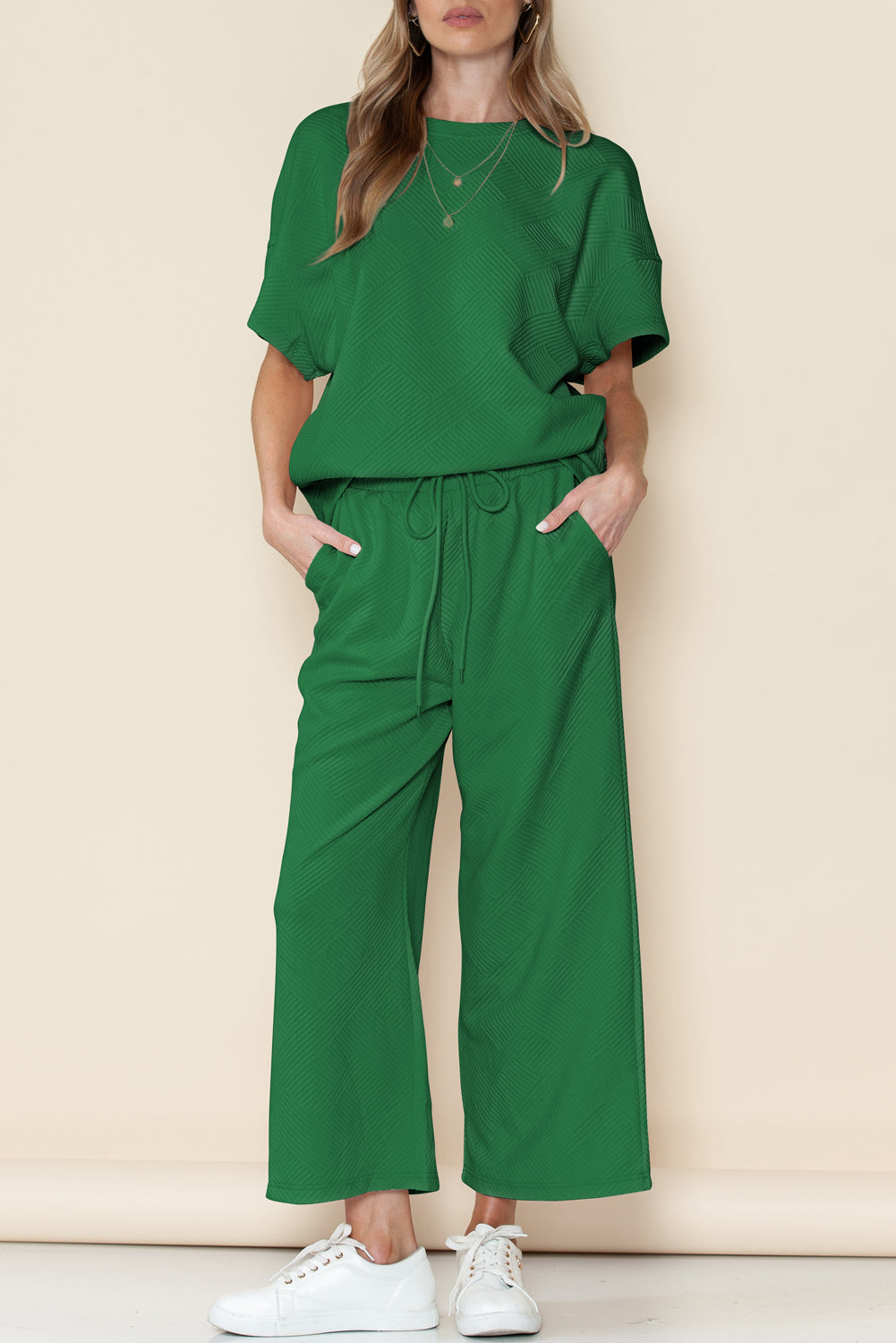 Textured Loose Fit T Shirt & Drawstring Pants Set (Online only)