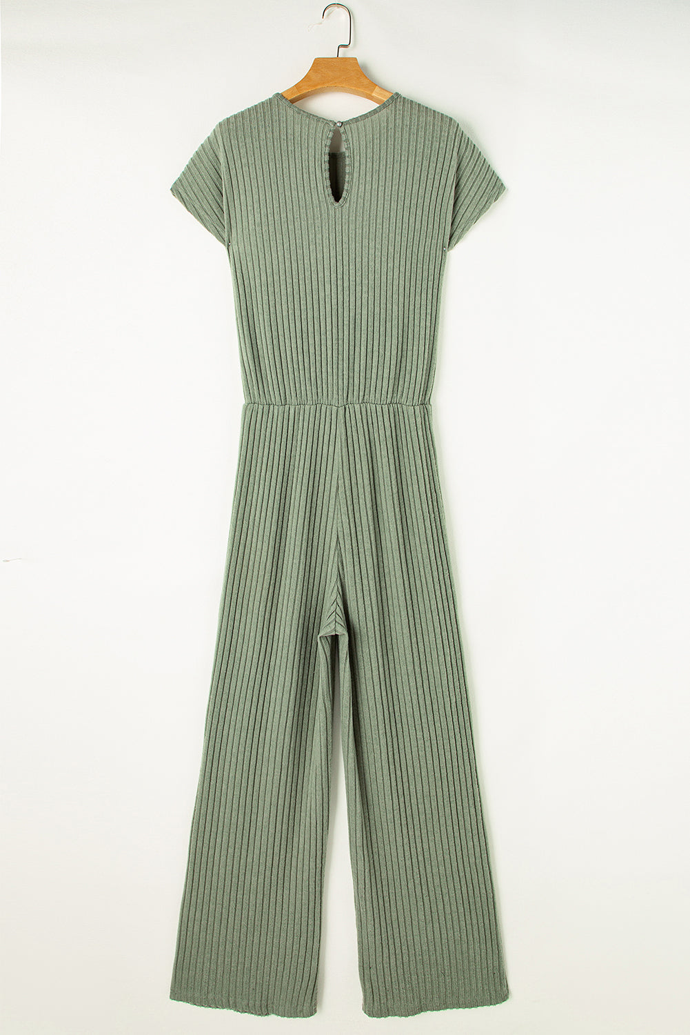 Grass Green Solid Color Ribbed Short Sleeve Wide Leg Jumpsuit