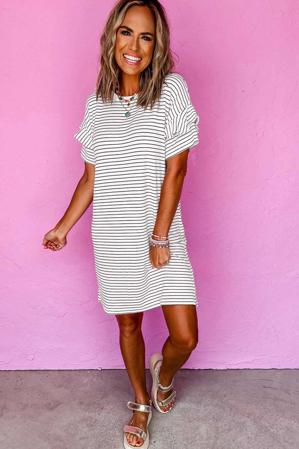 White Stripe Ruffle Short Sleeve T Shirt Mini Dress (online only)