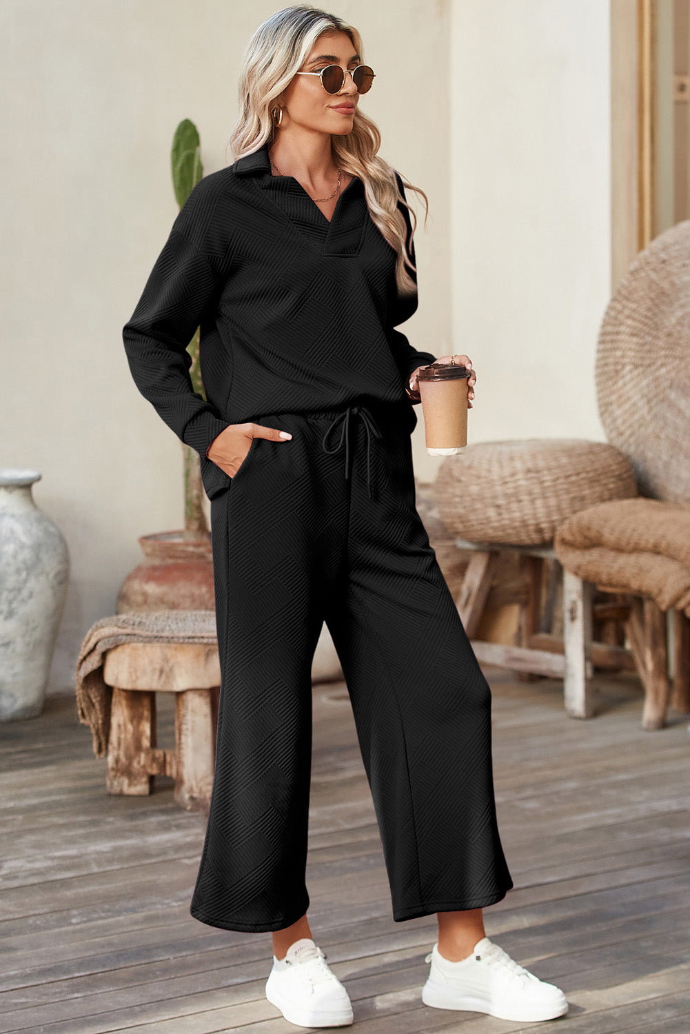 Bonbon Solid Textured Top and Wide Leg Pants Set (online only)