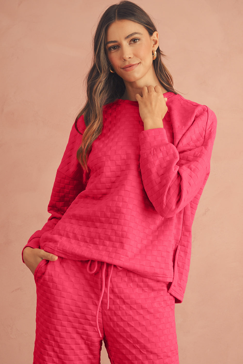 Checkered Textured Split Pullover Top and Pants Set (online only)