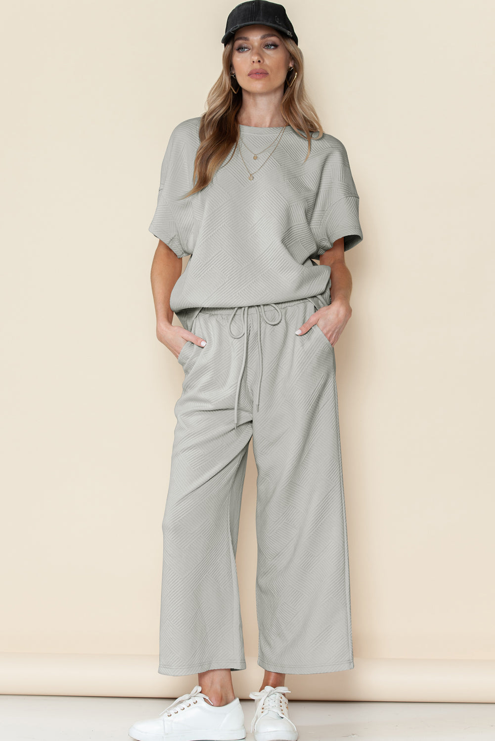 Textured Loose Fit T Shirt & Drawstring Pants Set (Online only)