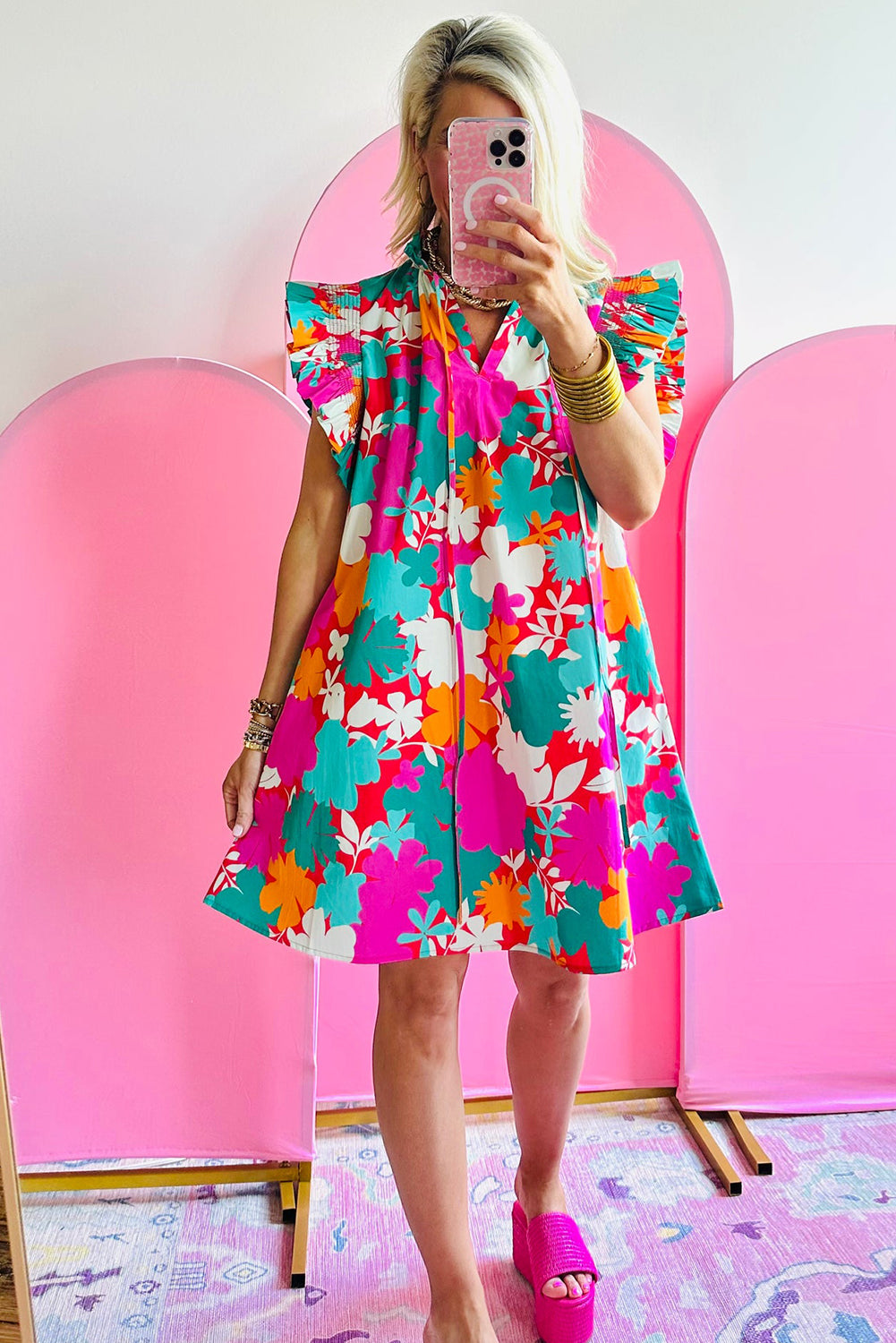 Multicolour Floral Split Neck Flutter Sleeve mini Dress (online only)