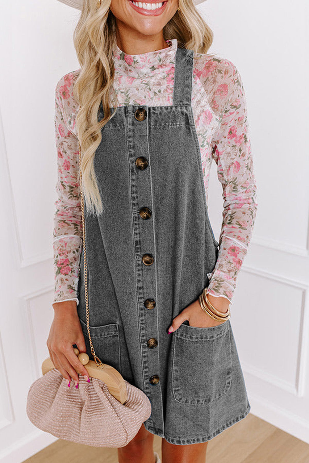 Grey Wide Strap Button Denim Dress (online only)